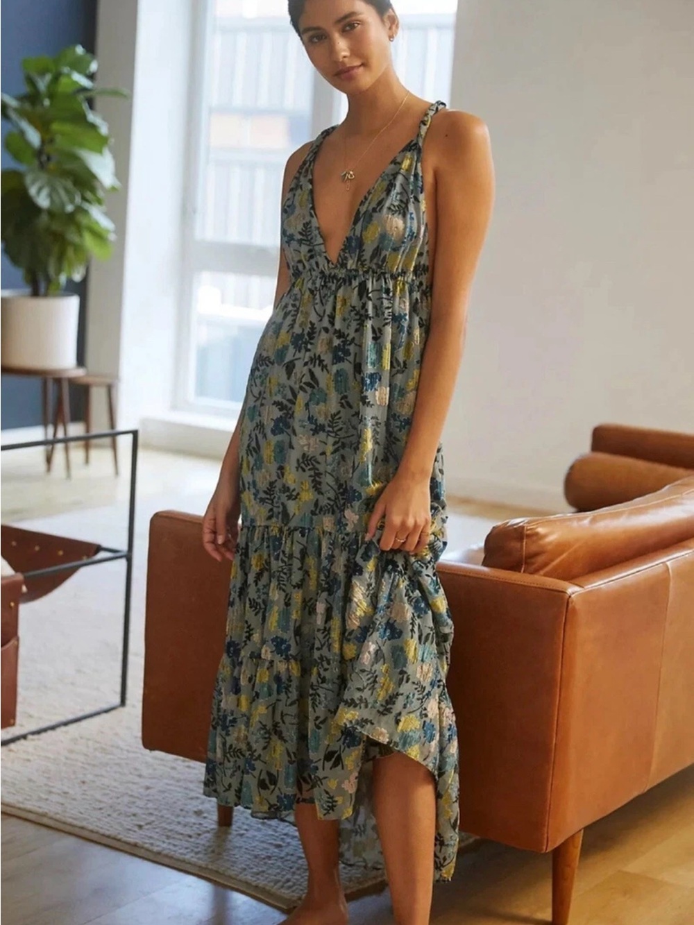 NWT Anthropologie Burnout Velvet Blue Floral V-Neck Midi Dress L